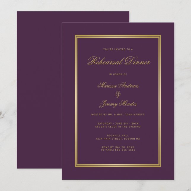 Elegant Plum Purple Gold Script Rehearsal Dinner Invitation (Front/Back)