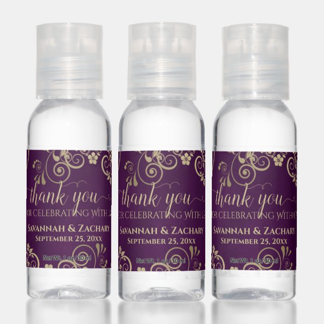 Elegant Plum Purple & Gold Wedding Favor Thank You Hand Sanitizer (Set)