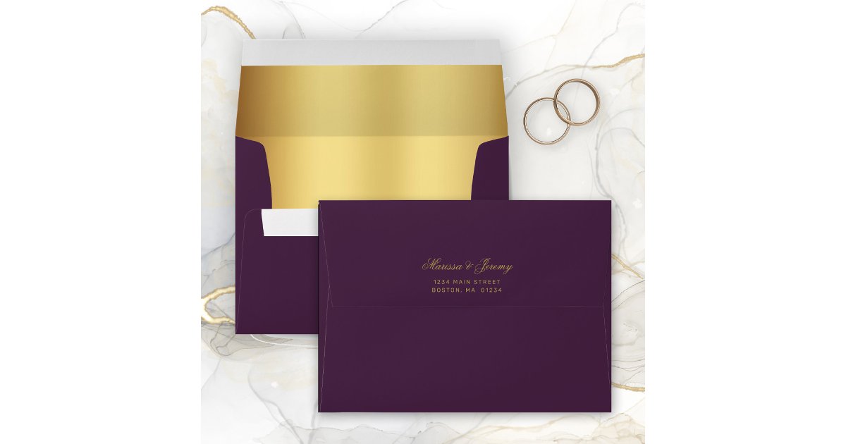 Elegant Plum Purple Gold Wedding Return Address Envelope | Zazzle