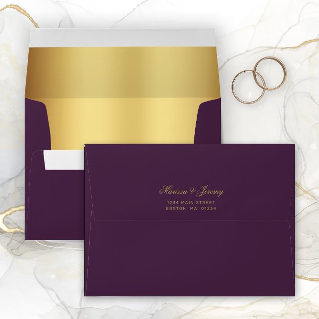 Elegant Plum Purple Gold Wedding Return Address Envelope (Elegant Plum Purple Gold Script and Liner Wedding return address envelope.)