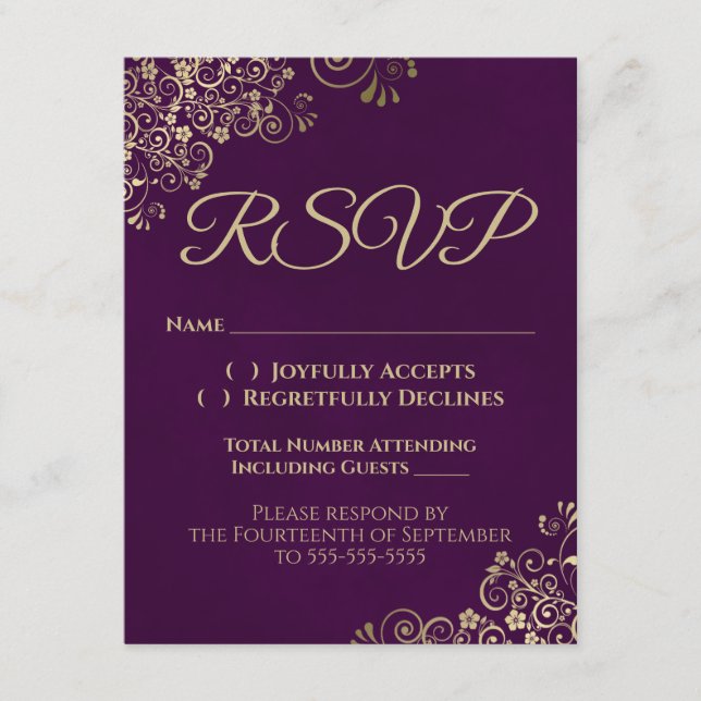 Elegant Plum Purple & Gold Wedding RSVP by Phone Invitation (Front)