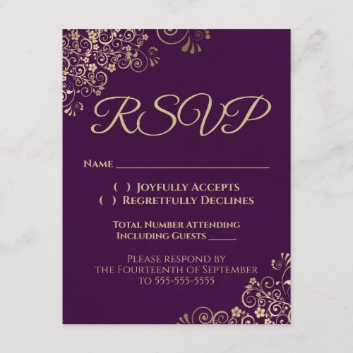 Elegant Plum Purple  Gold Wedding RSVP by Phone Invitation