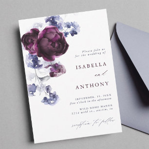 Elegant Plum Purple & Indigo Blue Floral Wedding Invitation
