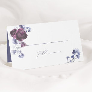 Elegant Plum Purple & Indigo Blue Floral Wedding Place Card