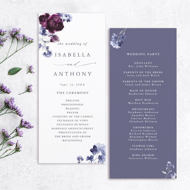 Elegant Plum Purple & Indigo Blue Floral Wedding  Program (Front & Back)