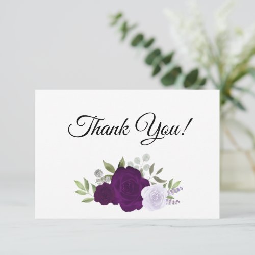 Elegant Plum Purple  Lavender Boho Roses Wedding Thank You Card
