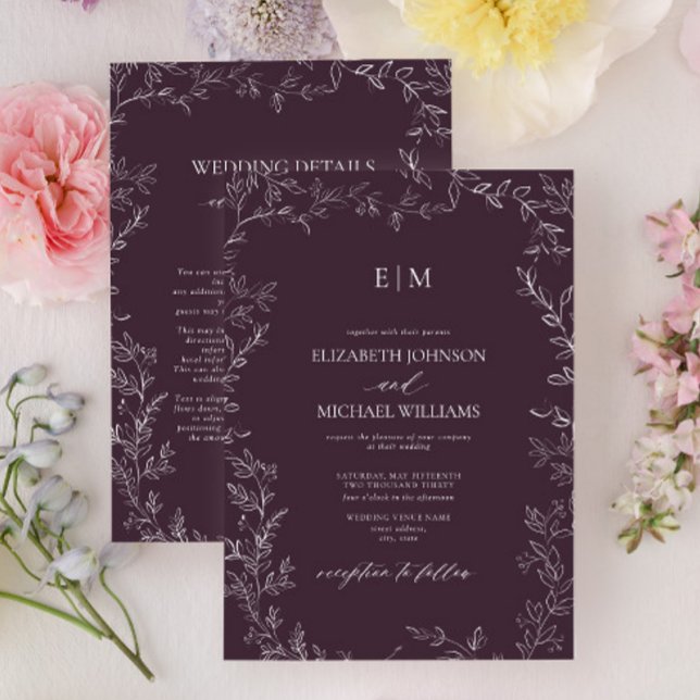 Elegant Plum Purple Leaf Monogram Details Wedding Invitation (Creator Uploaded)
