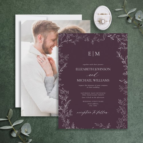 Elegant Plum Purple Leaf Photo Monogram Wedding Invitation