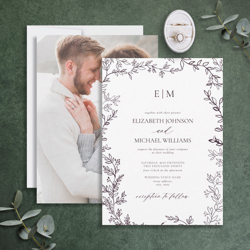 Elegant Plum Purple Leaf Photo Monogram Wedding Invitation