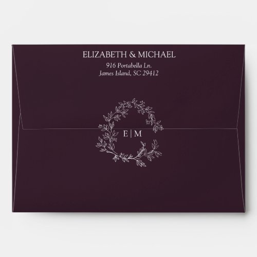 Elegant Plum Purple Leafy Crest Monogram Wedding Envelope
