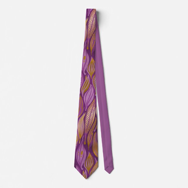 Elegant Plum Purple Metallic Gold Abstract Foliage Neck Tie (Front)