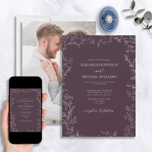 Elegant Plum Purple Minimal Leaf Photo Wedding Invitation