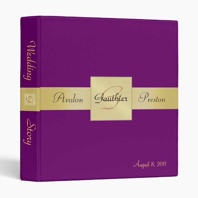 Elegant Plum Purple Monogram Gold Ribbon Binder (Front/Spine)
