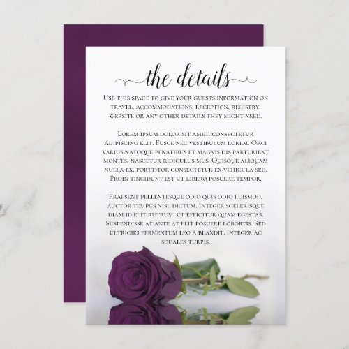 Elegant Plum Purple Romantic Rose Wedding Details Enclosure Card