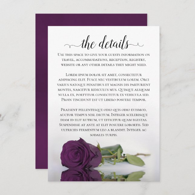 Elegant Plum Purple Romantic Rose Wedding Details Enclosure Card (Front/Back)