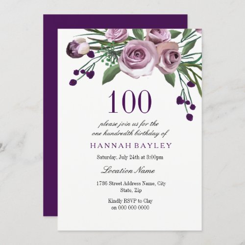 Elegant Plum Purple Rose 100th Birthday Invitation