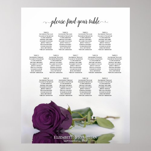 Elegant Plum Purple Rose 13 Table Seating Chart