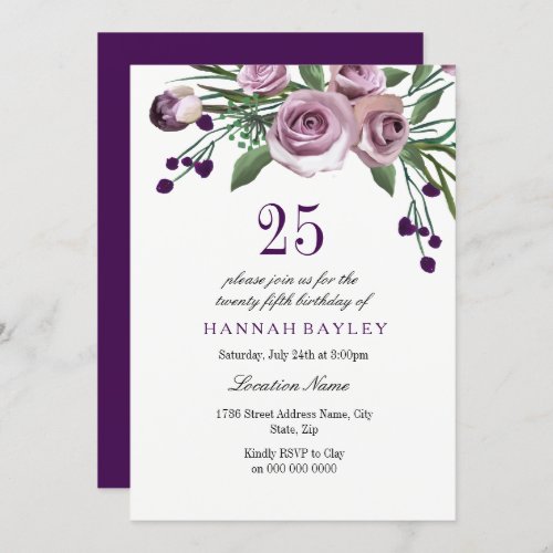 Elegant Plum Purple Rose 25th Birthday Invitation