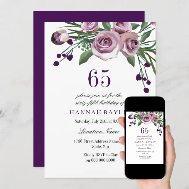 Elegant Plum Purple Rose 65th Birthday Invitation | Zazzle