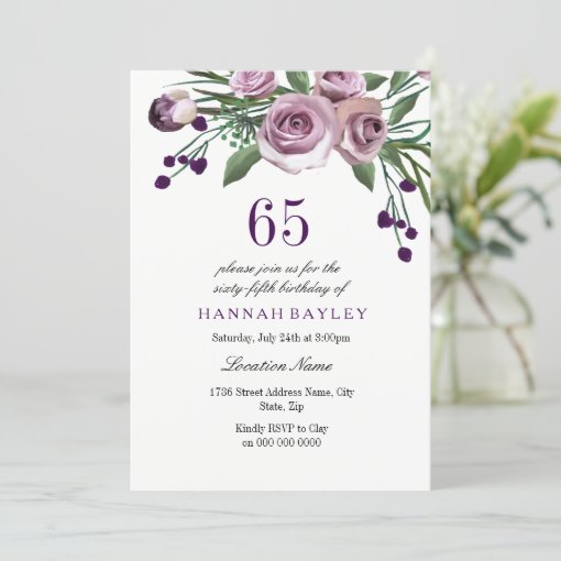 Elegant Plum Purple Rose 65th Birthday Invitation | Zazzle