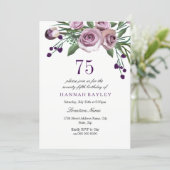 Elegant Plum Purple Rose 75th Birthday Invitation (Standing Front)