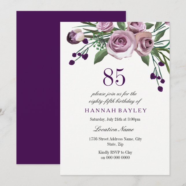 Elegant Plum Purple Rose 85th Birthday Invitation (Front/Back)