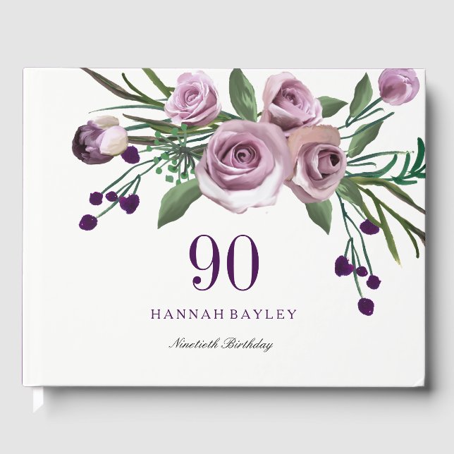 Elegant Plum Purple Rose 90th Birthday Guestbook (Front)