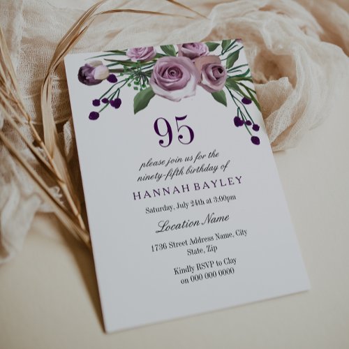 Elegant Plum Purple Rose 95th Birthday Invitation