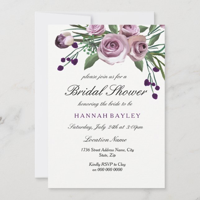 Elegant Plum Purple Rose Bridal Shower Invitation (Front)