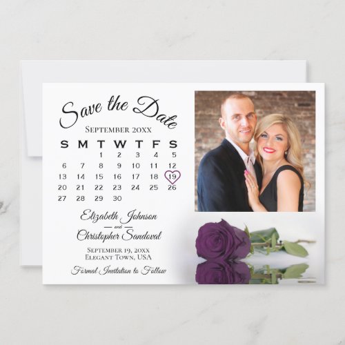 Elegant Plum Purple Rose Calendar  Photo Wedding Save The Date