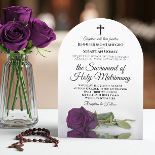 Elegant Plum Purple Rose Catholic Arch Wedding Invitation