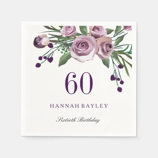 Elegant Plum Purple Rose Floral 60th Birthday Paper Napkins (Front)