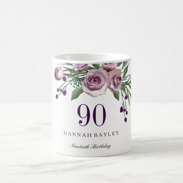 Elegant Plum Purple Rose Floral 90th Birthday Coffee Mug (Center)