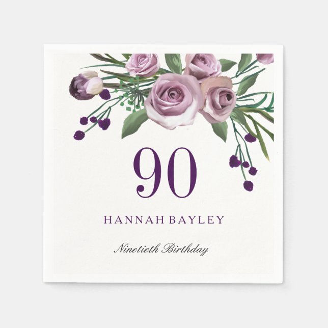Elegant Plum Purple Rose Floral 90th Birthday Paper Napkins (Front)