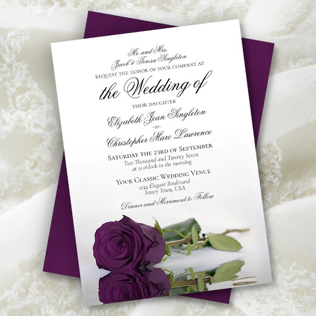 Elegant Plum Purple Rose Formal Wedding Invitation (In Situ Front and Back)