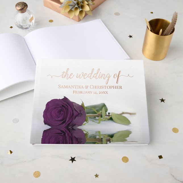 Elegant Plum Purple Rose Medium Wedding Foil Guest Book (Front Open)
