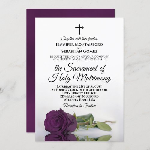 Elegant Plum Purple Rose Modern Catholic Wedding Invitation