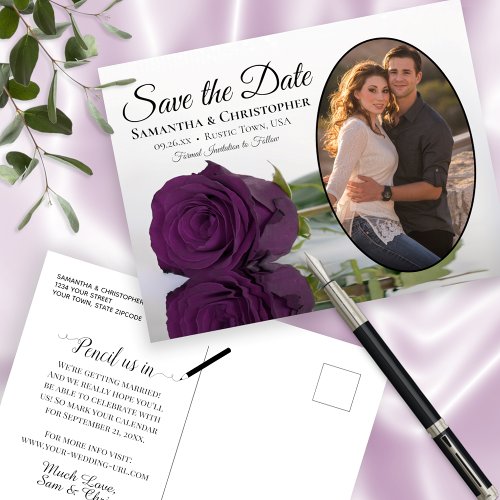 Elegant Plum Purple Rose Oval Photo Save The Date Announcement Postcard