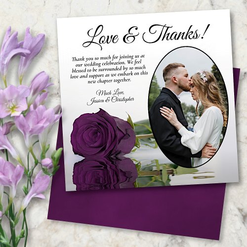 Elegant Plum Purple Rose Oval Photo Wedding Thank You Card