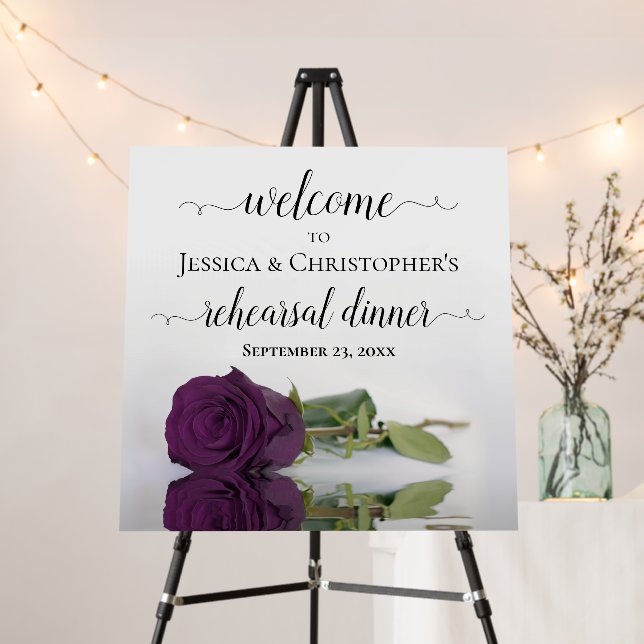 Elegant Plum Purple Rose Rehearsal Dinner Welcome Foam Board (In Situ (Stand))