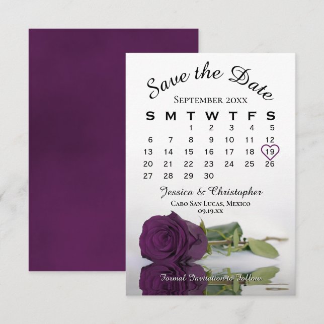 Elegant Plum Purple Rose Romantic Wedding Calendar Save The Date (Front/Back)