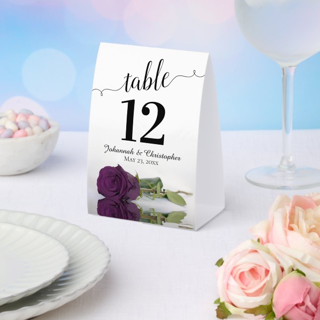 Elegant Plum Purple Rose Wedding Table Number Paper Table Tent (Insitu(Wedding))