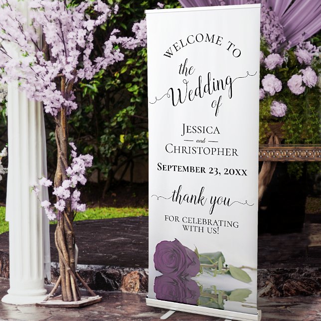 Elegant Plum Purple Rose Wedding Welcome Retractable Banner (Creator Uploaded)
