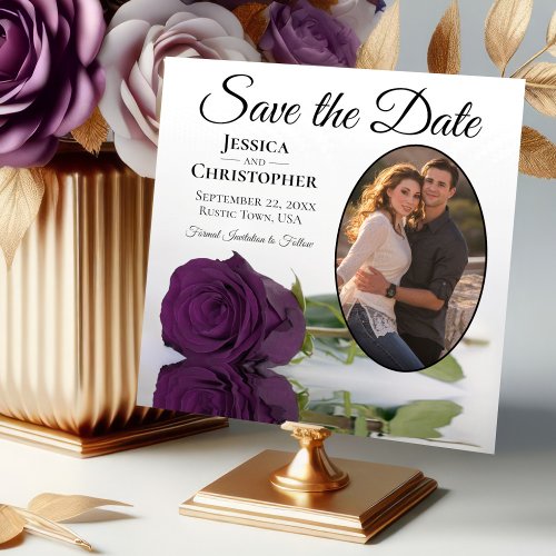 Elegant Plum Purple Rose with Oval Photo Wedding Save The Date