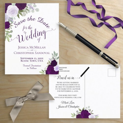 Elegant Plum Purple Roses Wedding Save the Date Announcement Postcard