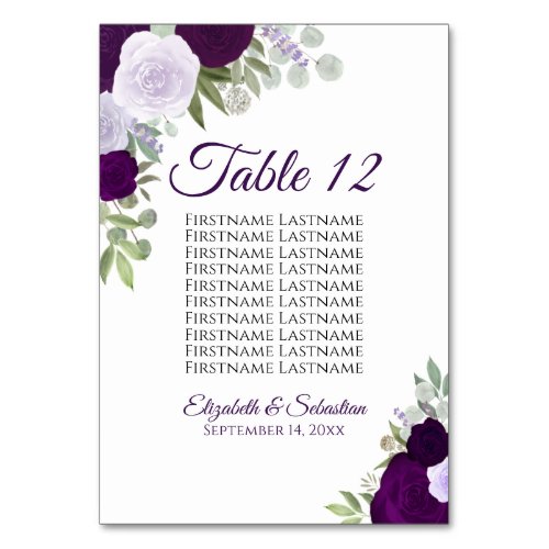 Elegant Plum Purple Roses Wedding Seating Chart Table Number
