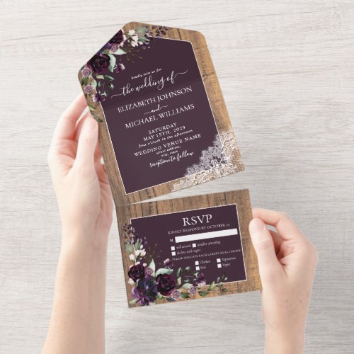 Elegant Plum Purple Rustic Wood Lace Wedding All In One Invitation