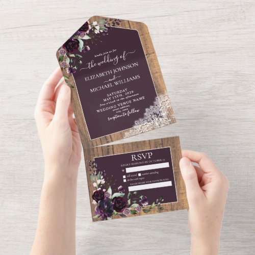 Elegant Plum Purple Rustic Wood Lace Wedding All In One Invitation