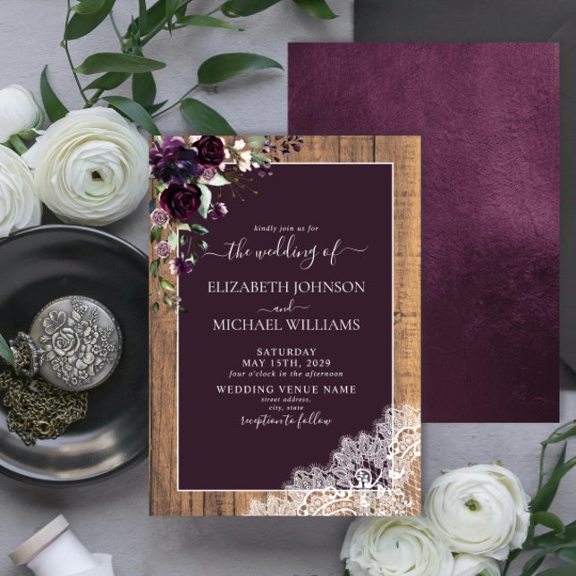 Elegant Plum Purple Rustic Wood Script Wedding Invitation (Creator Uploaded)