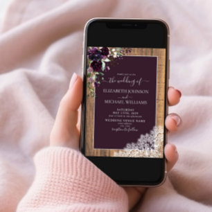 Elegant Plum Purple Rustic Wood Script Wedding Invitation